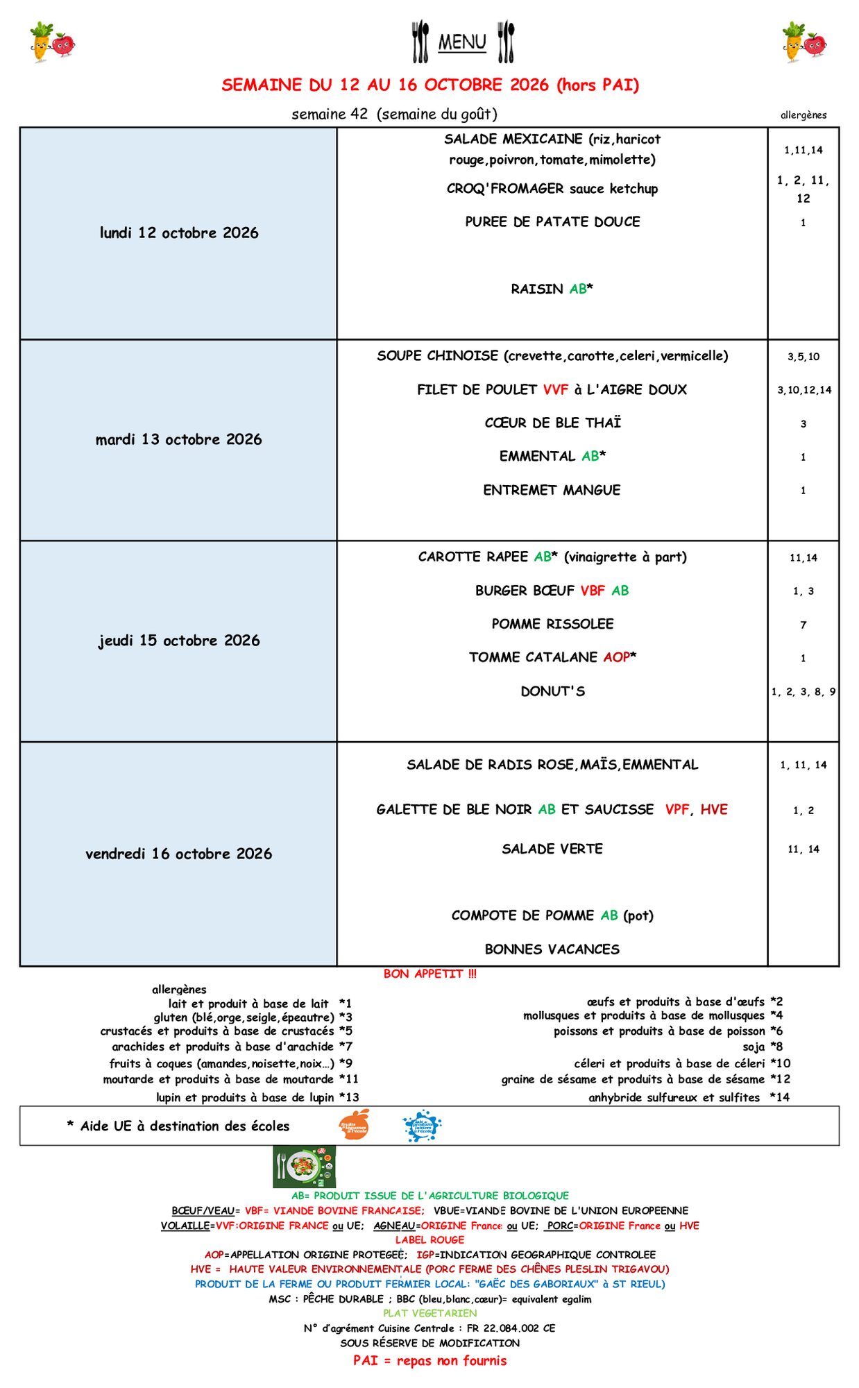 Menus du 12 au 16 octobre 2026