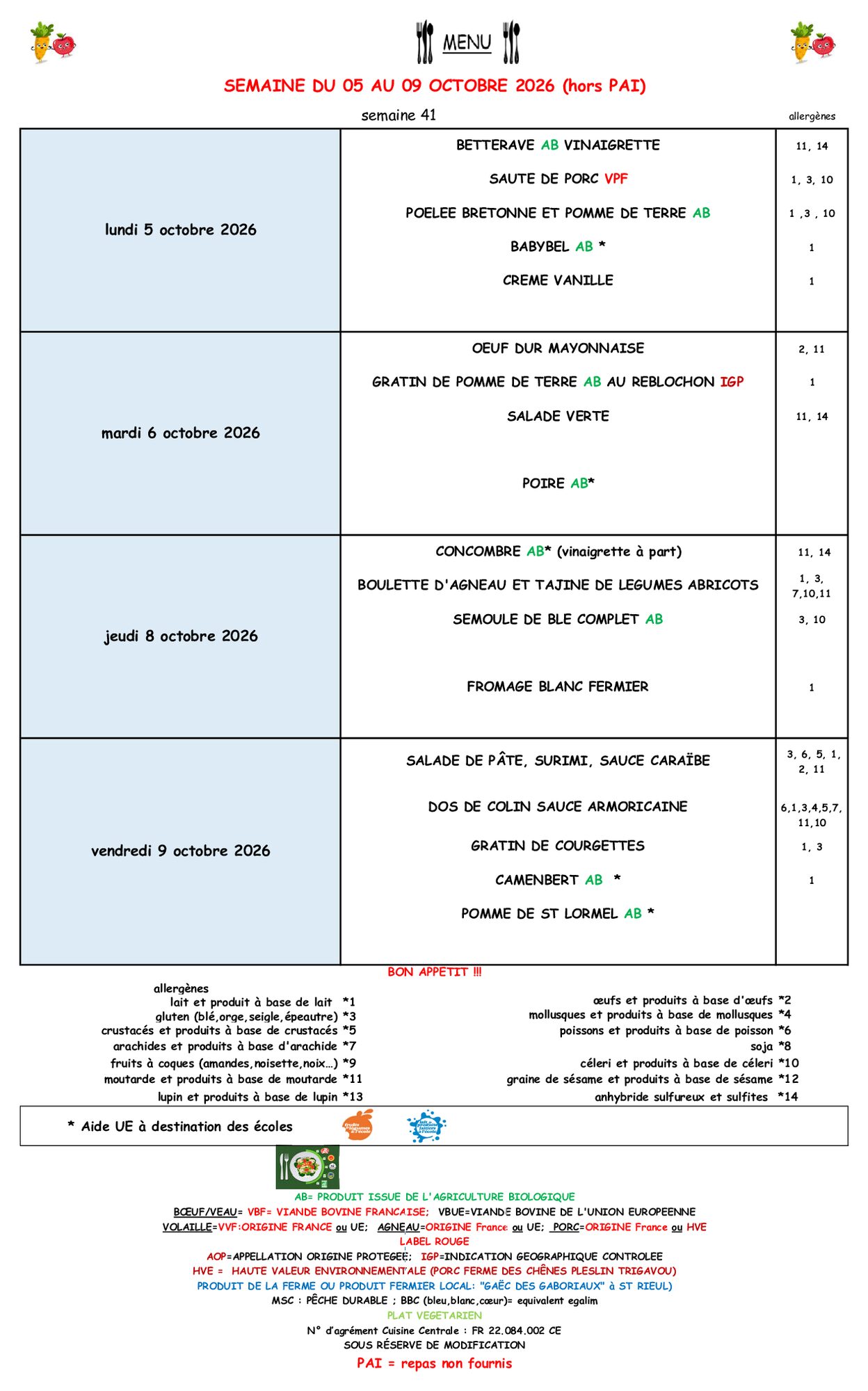 Menus du 5 au 9 octobre 2026
