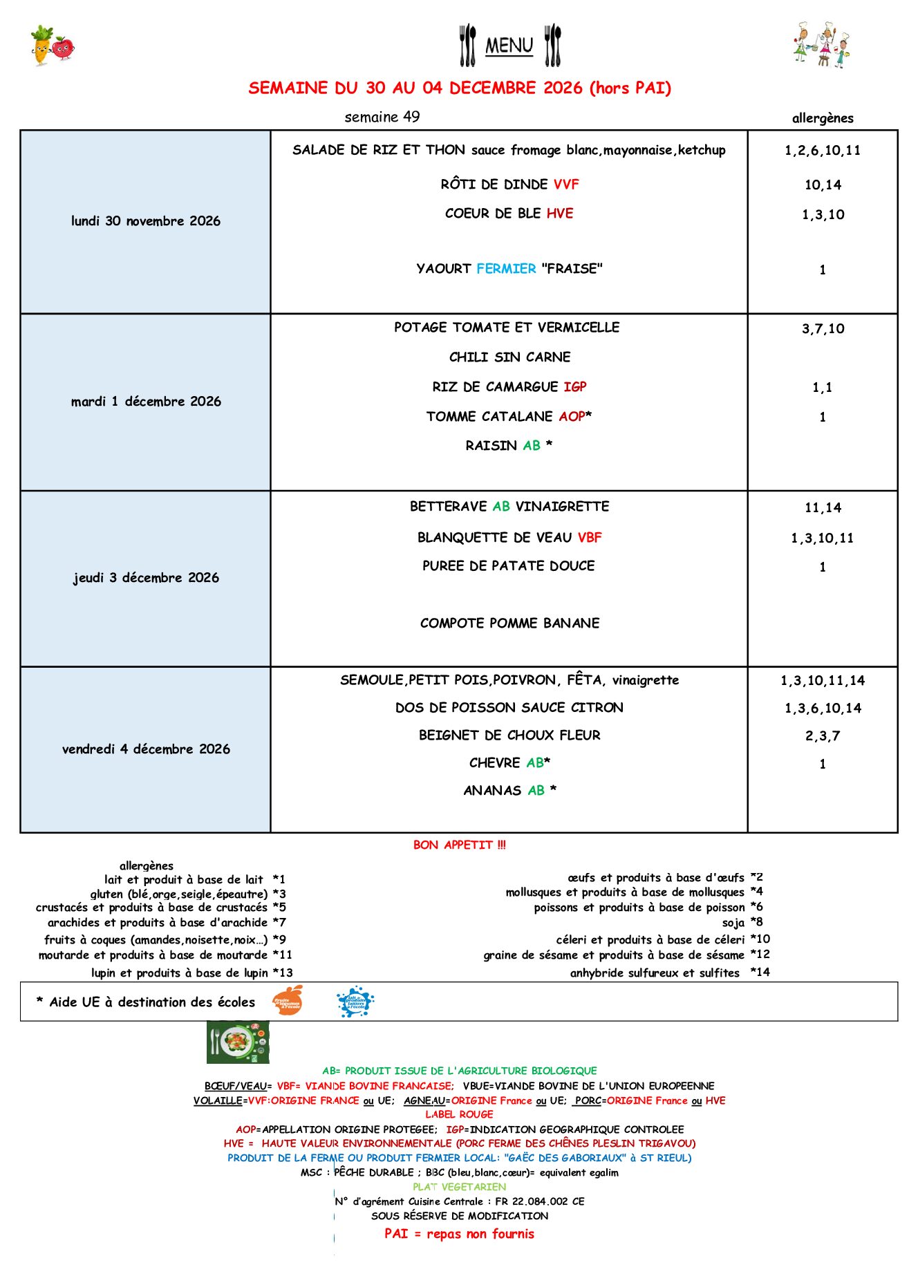 Menus du 30 au 4 décembre 2026