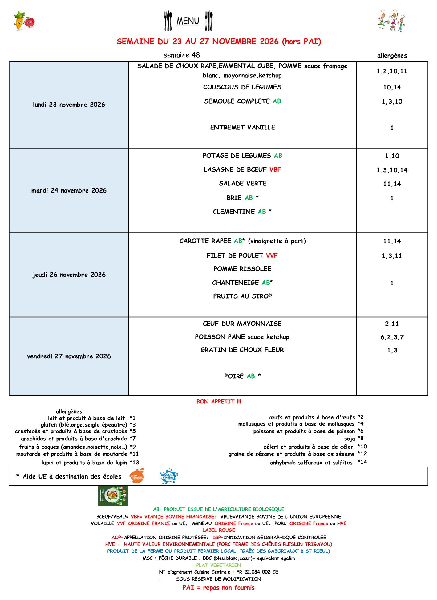 Menus du 23 au 27 novembre 2026