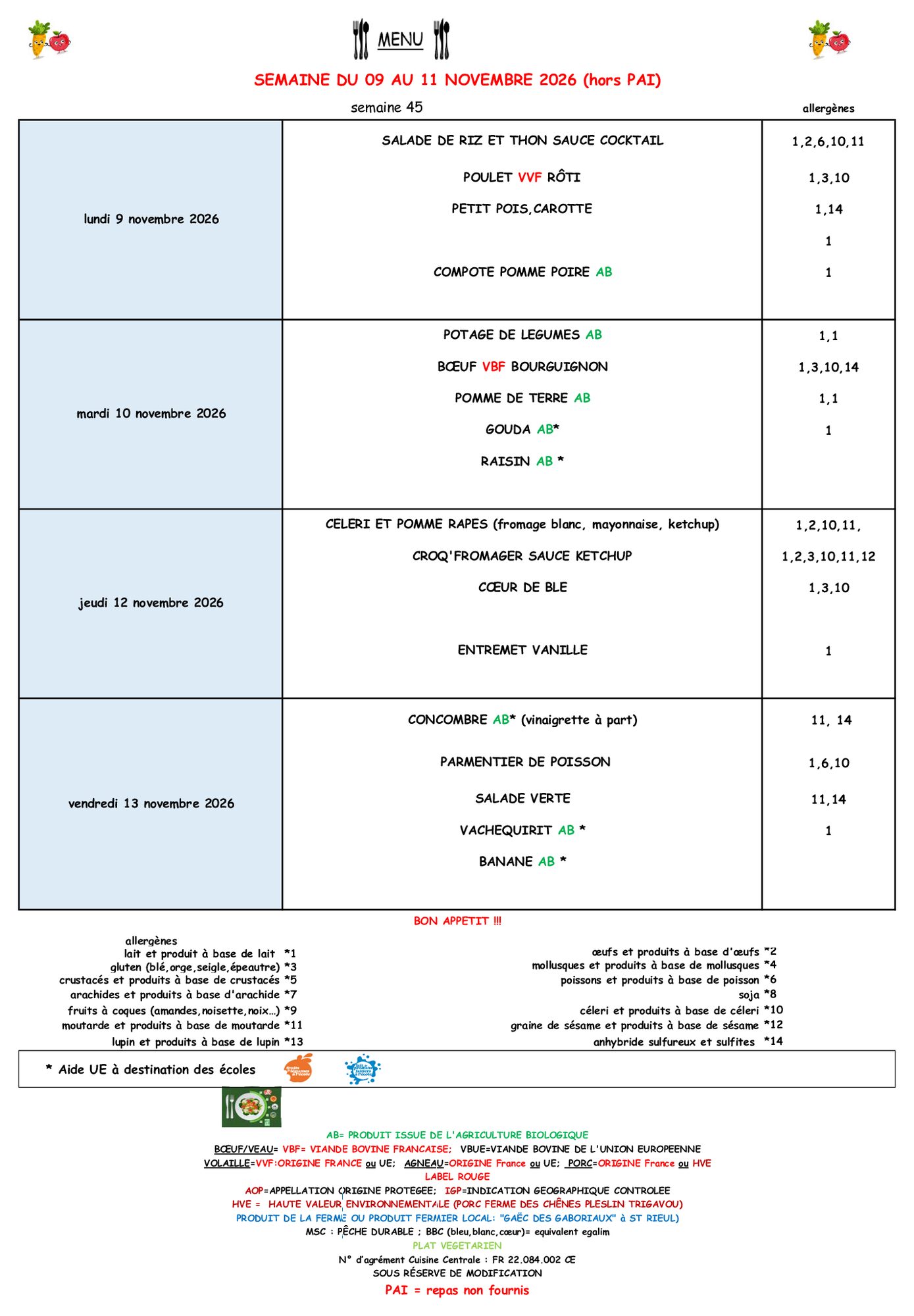 Menus du 9 au 12 novembre 2026