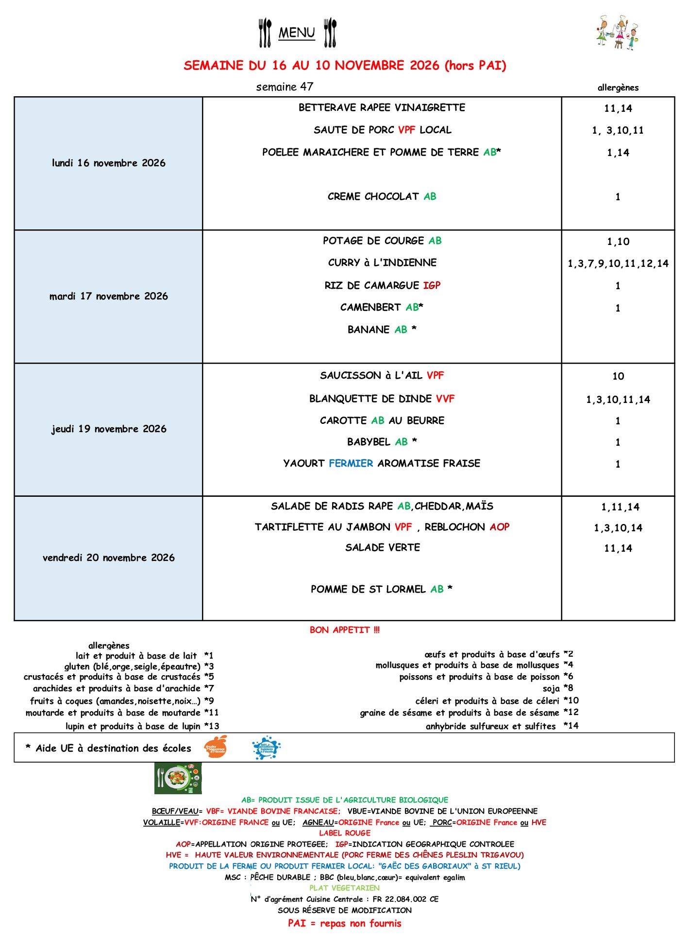 Menus du 16 au 20 novembre 2026